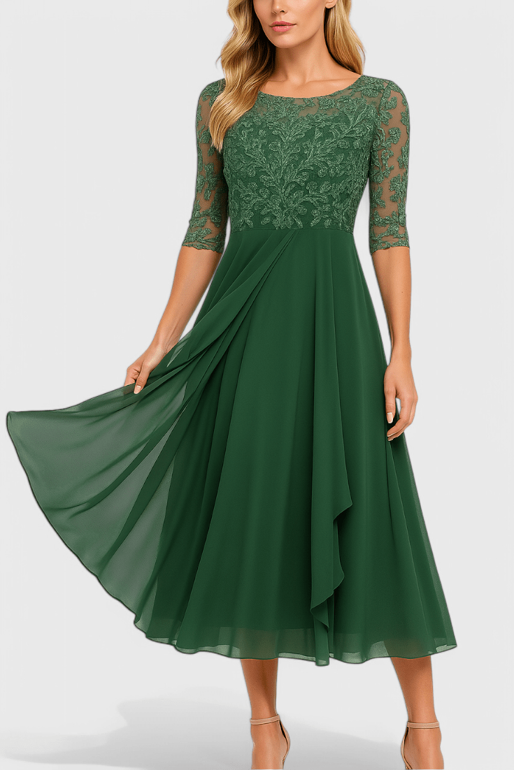 Abby | Midi Jurk met Geborduurde Illusie Hals