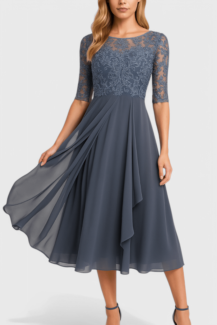 Abby | Midi Jurk met Geborduurde Illusie Hals