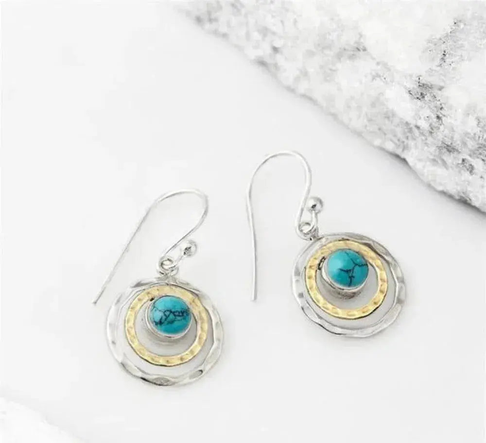 Boho Saturnus Oorbellen met Turquoise Steen in Zilver en Goud