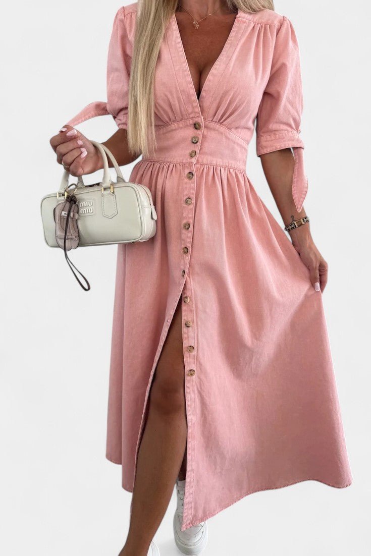 Adelina | Midi Jurk met Knopen en V-hals